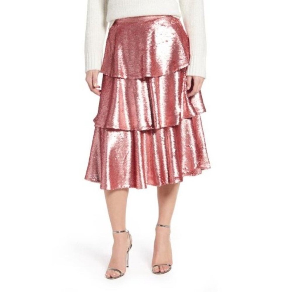 Pink Sequin Tiered Midi Skirt
